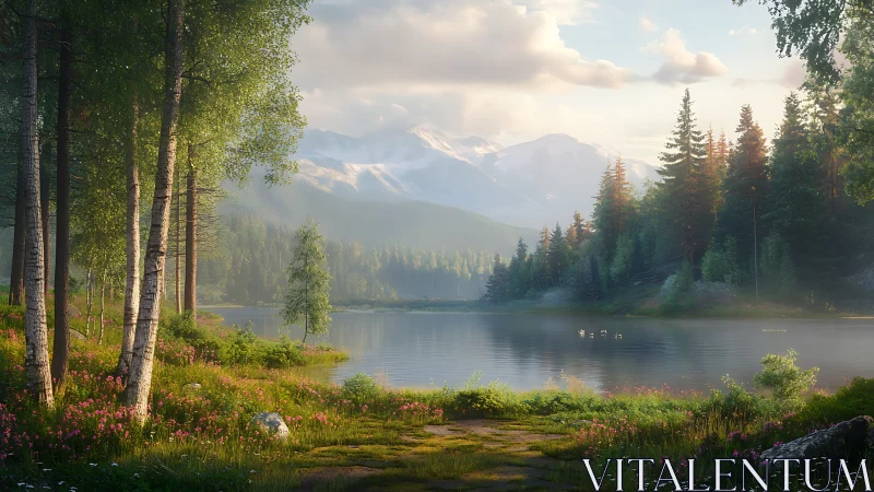 Forest lake landscape with mountains under soft daylight.