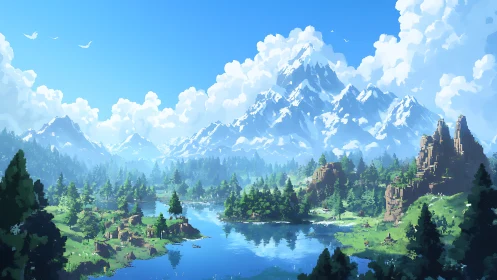 Skybright valley beneath storybook mountains and mirrored lake.