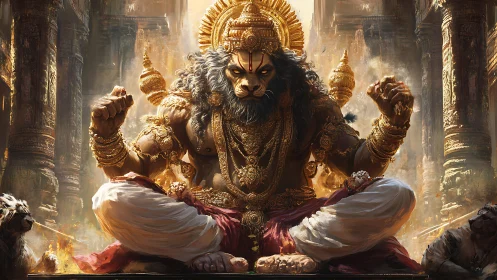 Mythic lion-headed figure sits in temple interior with ornaments