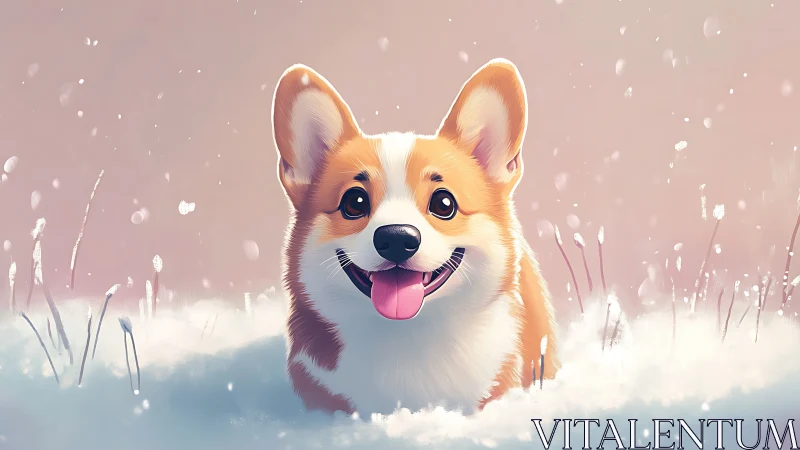 Snow-bouncing corgi joyfully glowing in pastel winter light.
