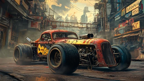 Rust-scarred hot rod roaring through neon slum streets.