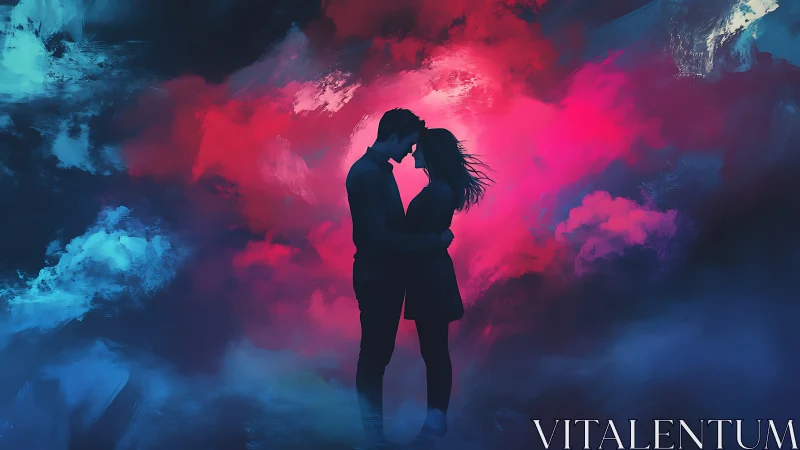 Silhouetted Couple Embracing Against Luminous Chromatic Atmospheric Composition
