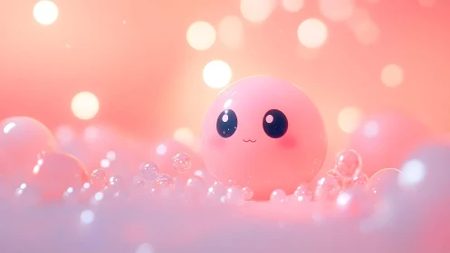 Cute Pink Kawaii Bubble Character in Dreamy Pastel Setting.