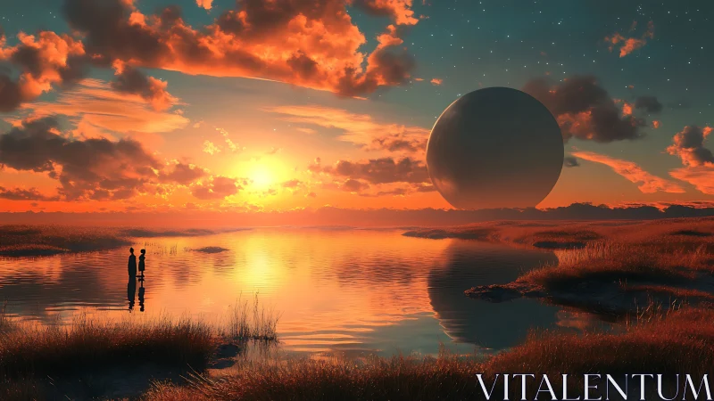 Colossal sphere over sunset marshland with reflective water.