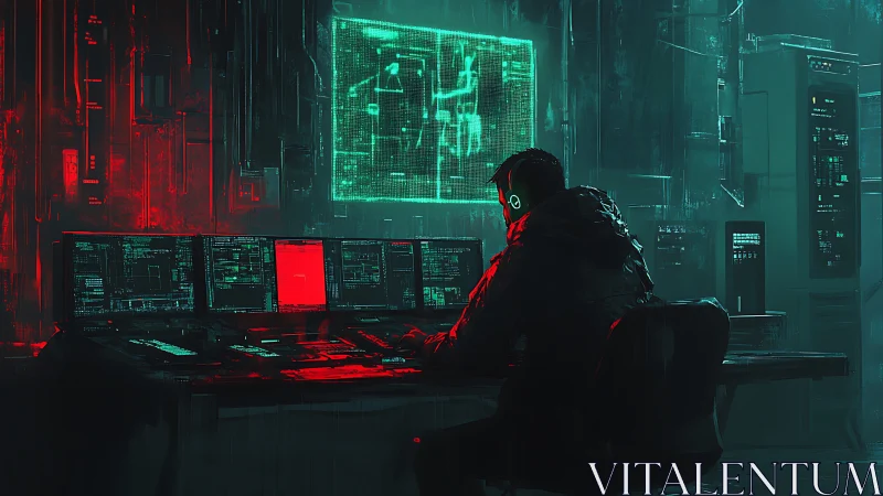 Neon-drenched hacker orchestrates code in glowing shadows.