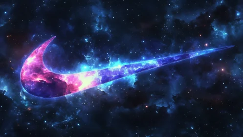 Cosmic swoosh silhouette glows through deep starfield sky.