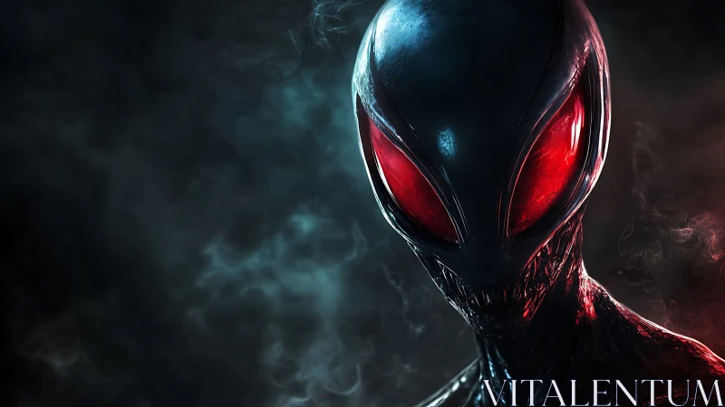 Sinister alien entity with glowing red eyes in smoke.