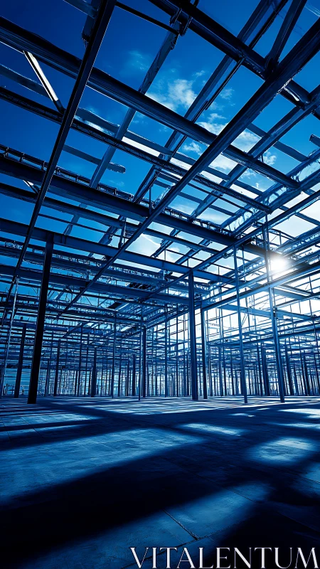 Steel structural framework in large empty industrial hall.