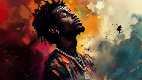 Digital portrait of man with jewelry on abstract backdrop.