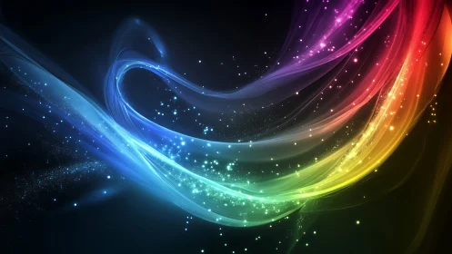 Sweeping rainbow light trails curl gently through the dark