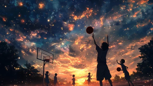 Youth basketball silhouettes under vivid sunset sky.