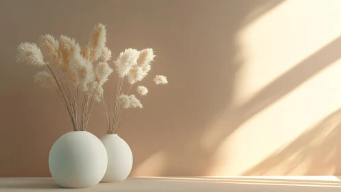 Two spherical vases hold pampas stems in directional side light