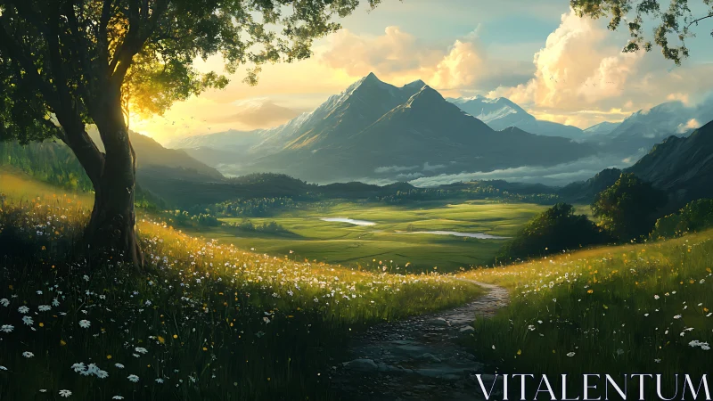 Mountain valley landscape with tree, path, and wildflowers.