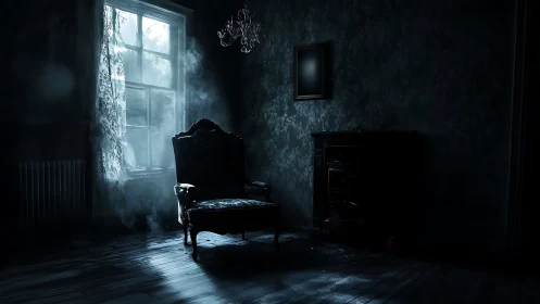 Single armchair occupies dim interior near backlit window