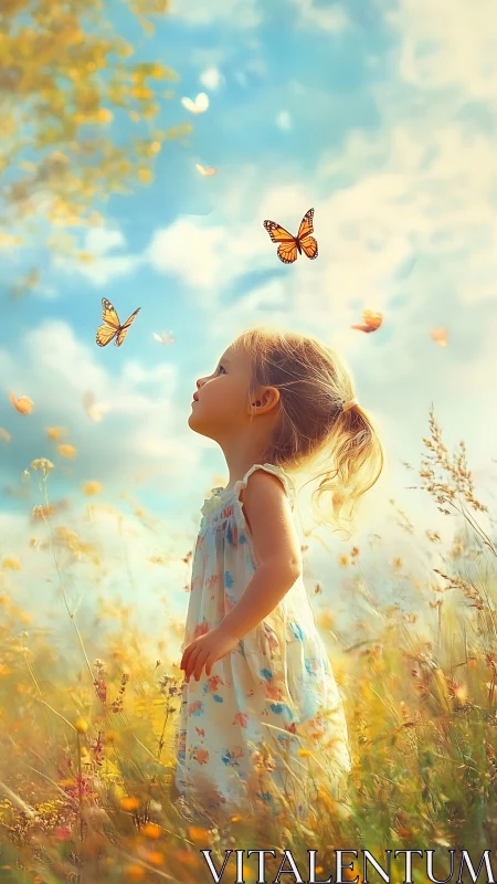 Digital painting of child in meadow with butterflies, backlit profile.