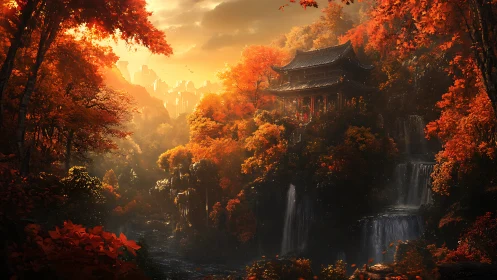 Autumnal mountain pagoda with tiered waterfalls in diffuse light.