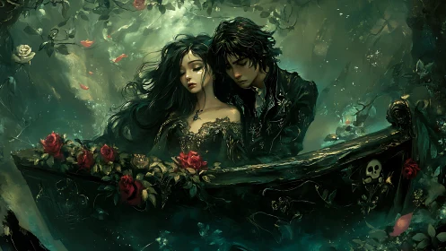 Gothic lovers embrace on ornate rose-covered boat at night