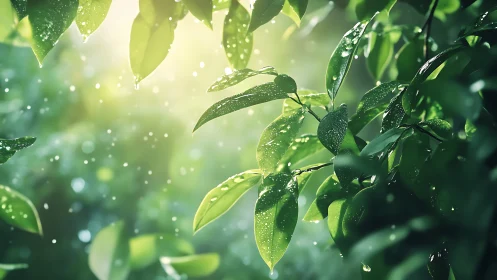Sunlit rain-kissed leaves in soft forest bokeh glow.