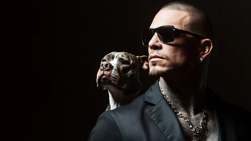 Tattooed man and loyal dog share a bold cinematic stare