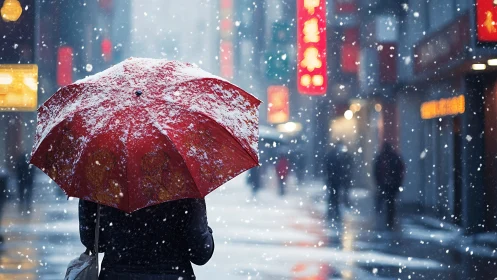 Snow-dusted red umbrella in neon-lit winter city street scene.