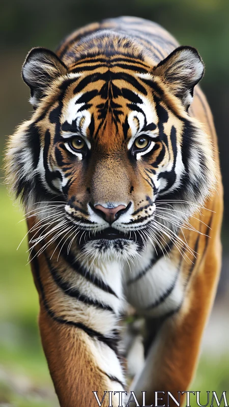 Tiger strides forward with intense focused gaze in forest