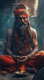 Mystic sadhu in seated meditation before ritual fire bowl