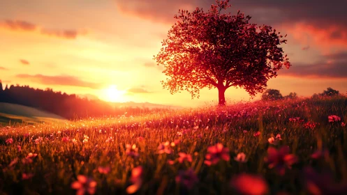 Solitary crimson tree on flowered hillside under radiant sunset