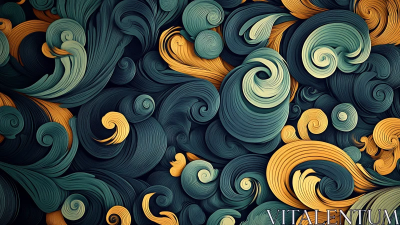 Layered teal and gold spirals form dense abstract vortex field