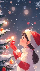 Anime girl decorates snowy Christmas tree under starlit sky.