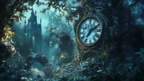 Chronometric ruin integrated with bioluminescent forest canopy.