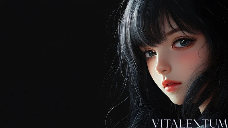 Digital portrait of dark haired girl on black background.