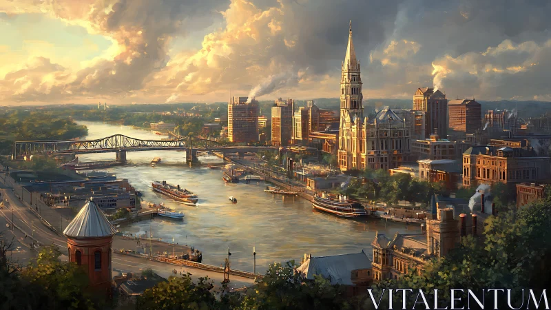 Golden river city at sunset with strolling steamships.