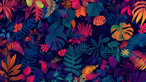 Multicolored tropical foliage pattern on dark background.