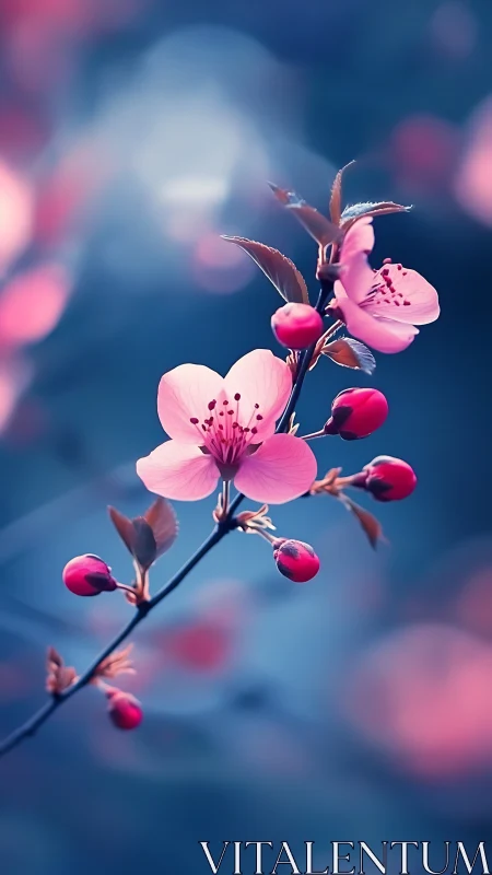 Macro view of pink blossoms on blurred blue background.