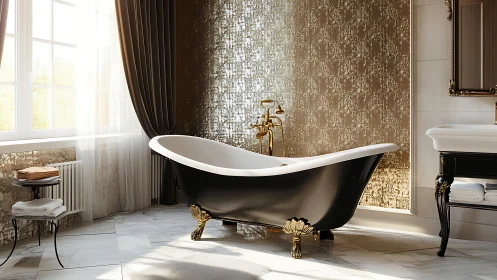 Black clawfoot bathtub anchors sunlit luxury marble bathroom