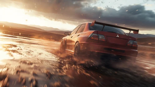 Red rally car racing through glowing sunset mud and spray.