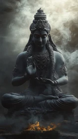 Monochrome meditative deity statue in smoke with directional rim lighting