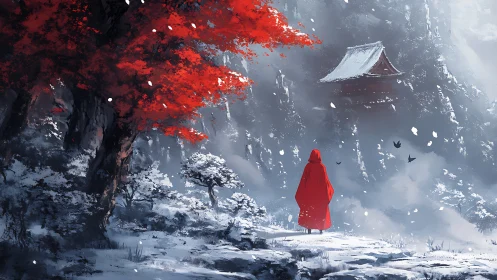 Red cloaked figure in snowy forest facing distant shrine.