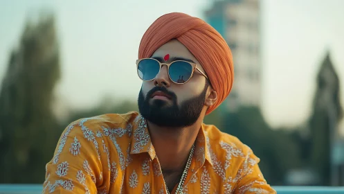 Stylish turbaned man in sunglasses under soft evening sky.