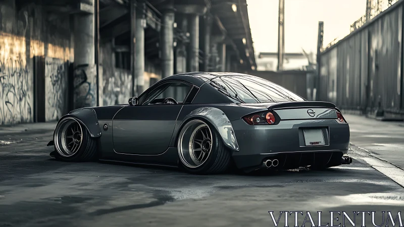 Low-slung street samurai coupe idling in a concrete canyon.