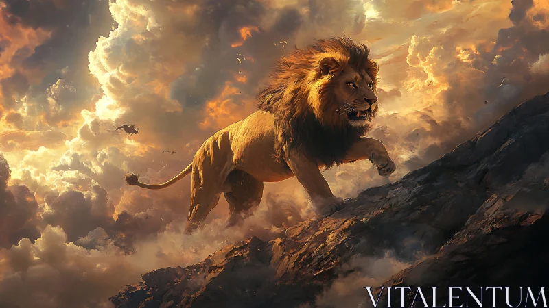 Lion climbs rocky slope under dense dramatic sunset clouds