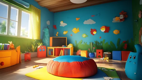 Sunny ocean-themed playroom filled with color and joy.