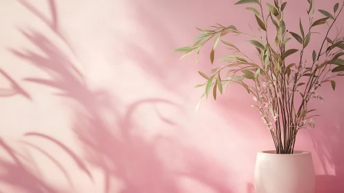Soft directional lighting casts botanical shadows on pink wall
