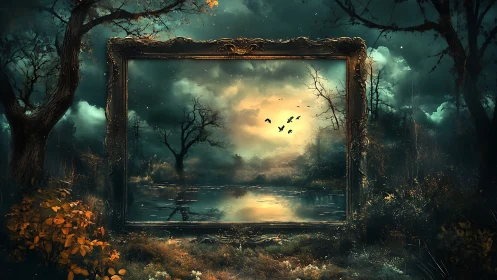 Ornate frame encloses glowing lake scene in dark forest
