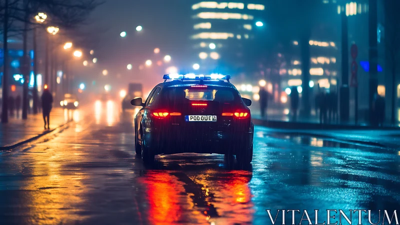 Police vehicle drives on wet city street at night in rain