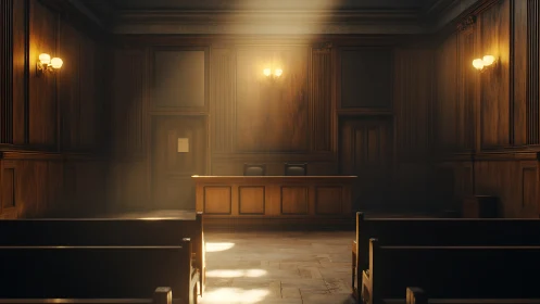 Sunlit empty courtroom stands in quiet, solemn stillness.