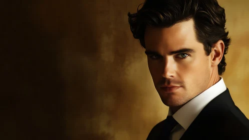 Smoldering gaze in tailored midnight suit against amber hush.