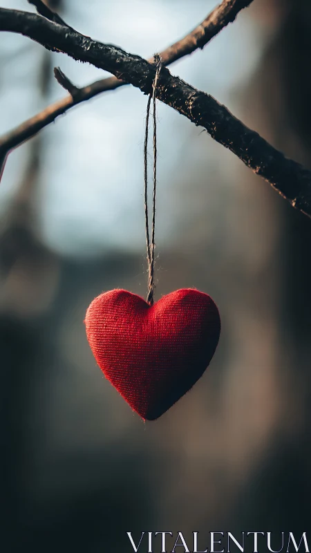 Red Fabric Heart Suspended From Weathered Branch Against Soft Bokeh.