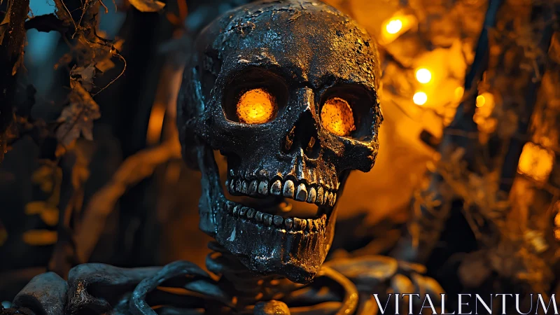 Photorealistic skeletal close-up with molten ember eye sockets.