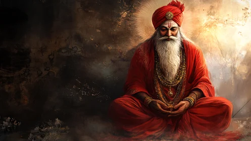 Meditating sage in red robes radiates calm spiritual focus
